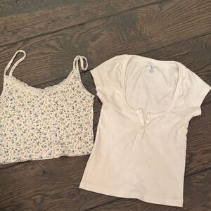 BRANDY MELVILLE White Ribbed Henley Tee & Floral Lace Cami Set